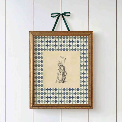 Vintage golf bag print on sage gingham for a country club boys nursery room