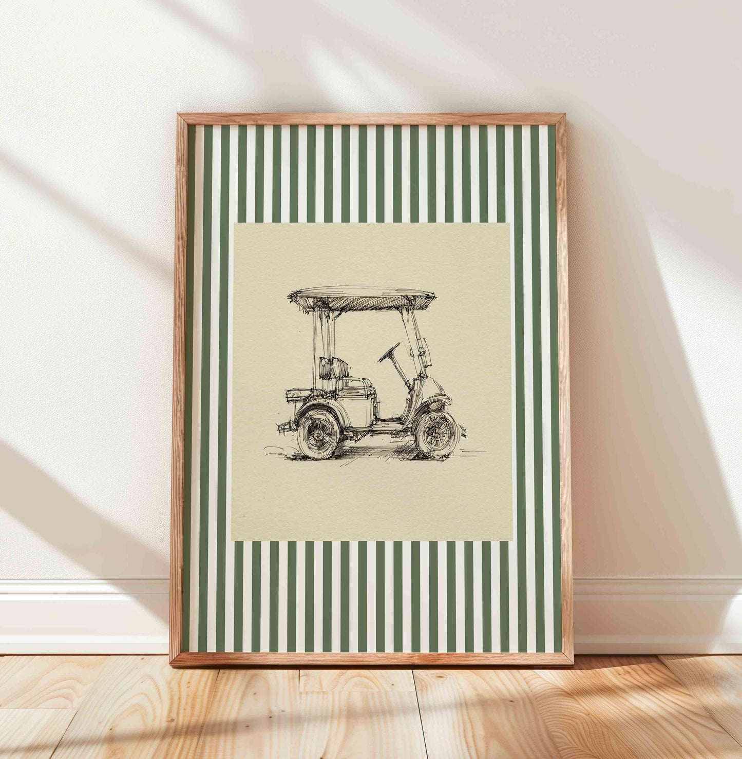 Vintage golf cart illustration print on stripe background for a boys nursery room