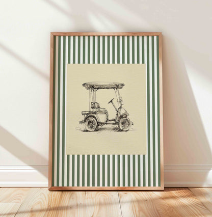 Vintage golf cart illustration print on stripe background for a boys nursery room