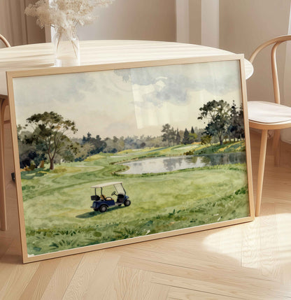 Vintage golf course landscape watercolor print styled for a boys nursery gallery wall