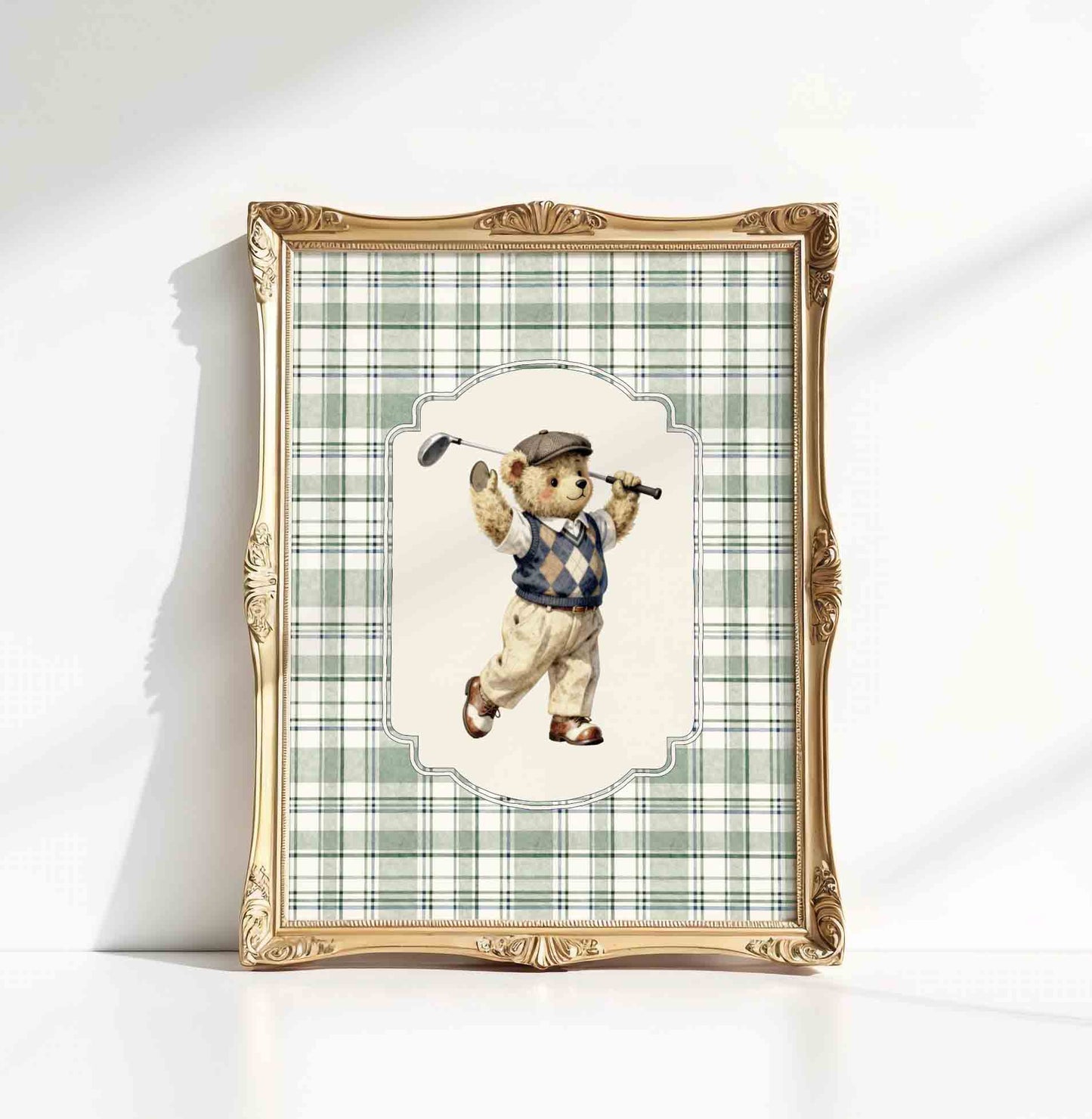 Vintage golf teddy bear nursery print for a sports themed boys bedroom decor