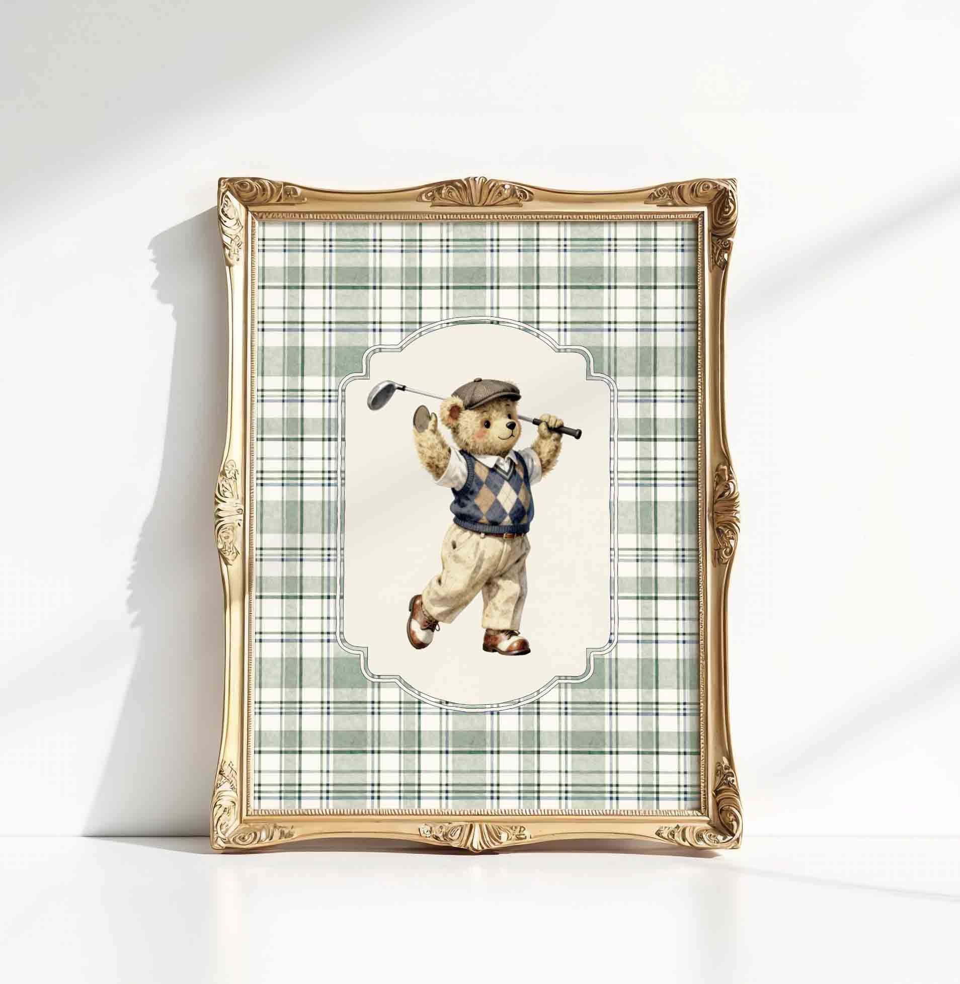 Vintage golf teddy bear nursery print for a sports themed boys bedroom decor