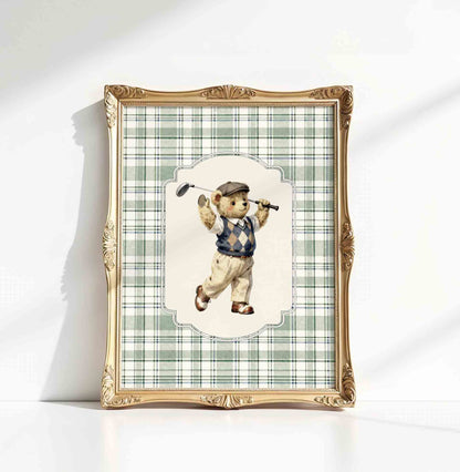 Vintage golf teddy bear nursery print for a sports themed boys bedroom decor