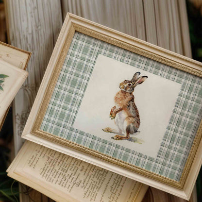 Vintage hare print on green plaid for a rustic woodland boys nursery gallery wall