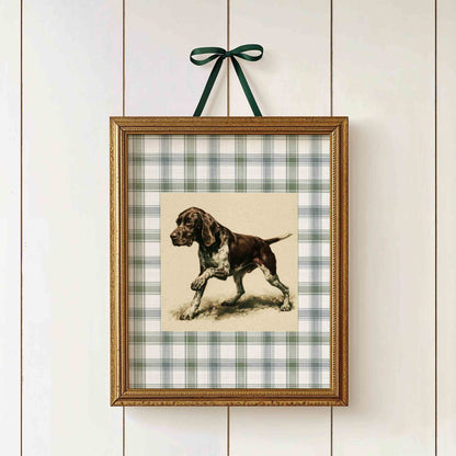 Vintage hunting dog print on blue plaid for a heritage boys nursery room