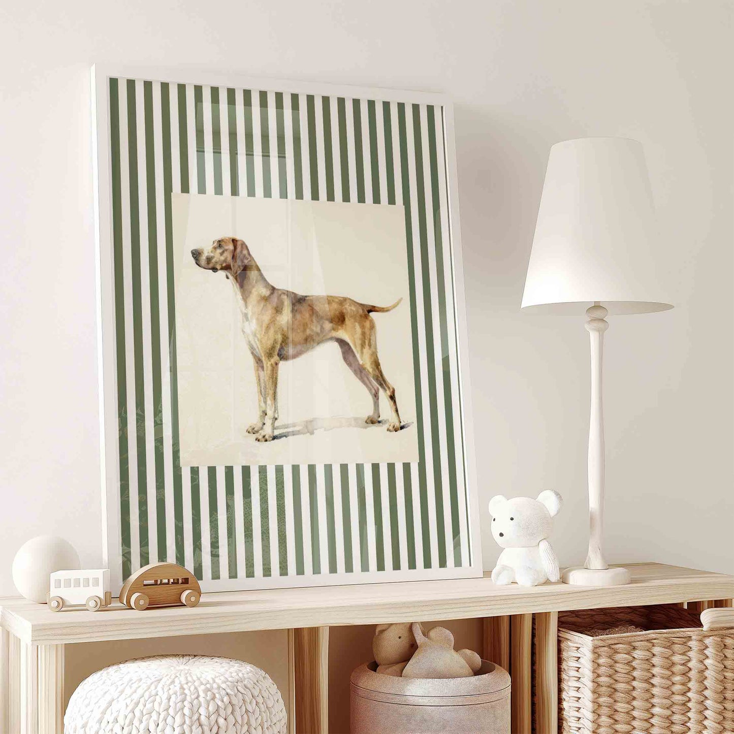 Vintage hunting dog print on stripe styled for a botanical nature nursery room