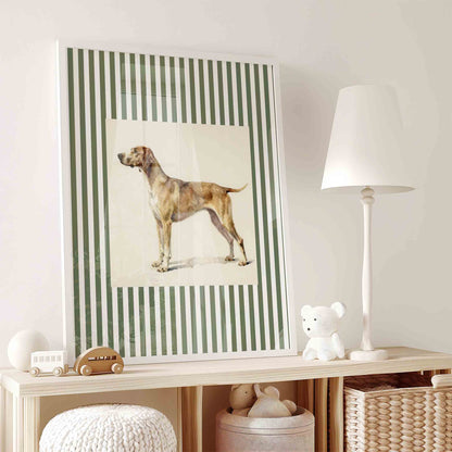 Vintage hunting dog print on stripe styled for a botanical nature nursery room