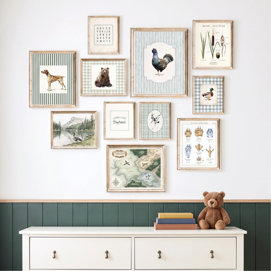 11 piece vintage hunting lodge nursery gallery wall set featuring British wildlife, field tracks, and a hunting territory map