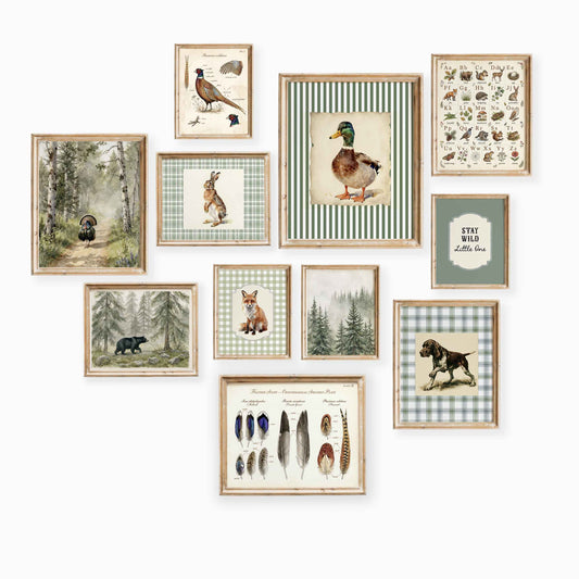11 piece vintage hunting lodge nursery wall art set featuring a mallard duck, pheasant, bear and hunting dog