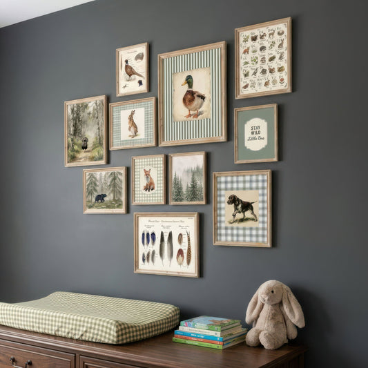 Vintage hunting lodge woodland nursery gallery wall set of 11 styled in a boys room