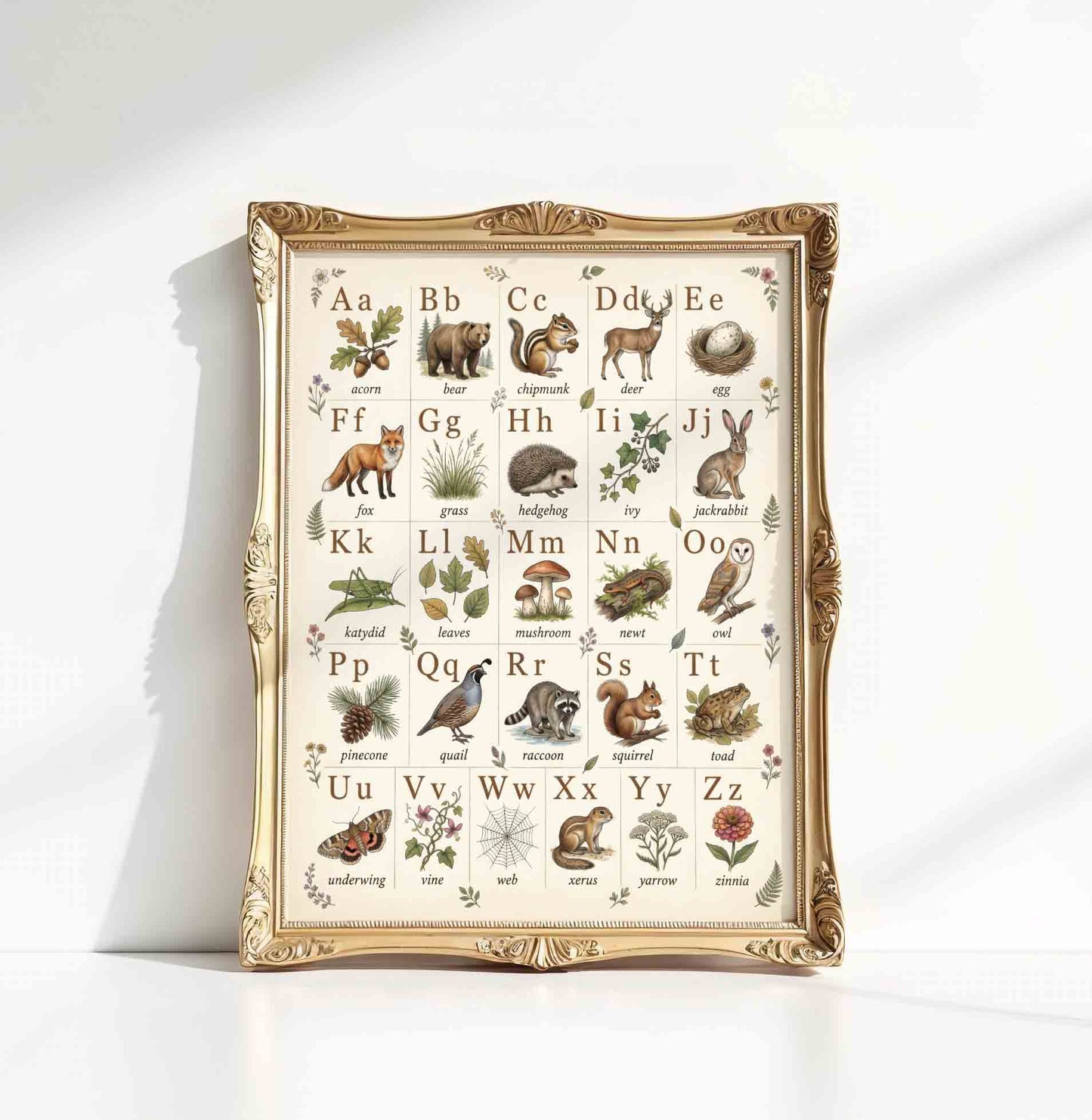 Vintage illustrated nature alphabet chart styled hanging for a nursery room