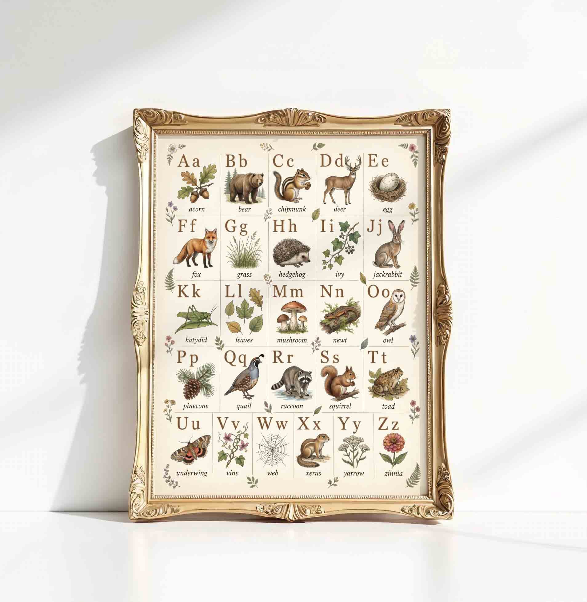Vintage illustrated nature alphabet chart styled hanging for a nursery room