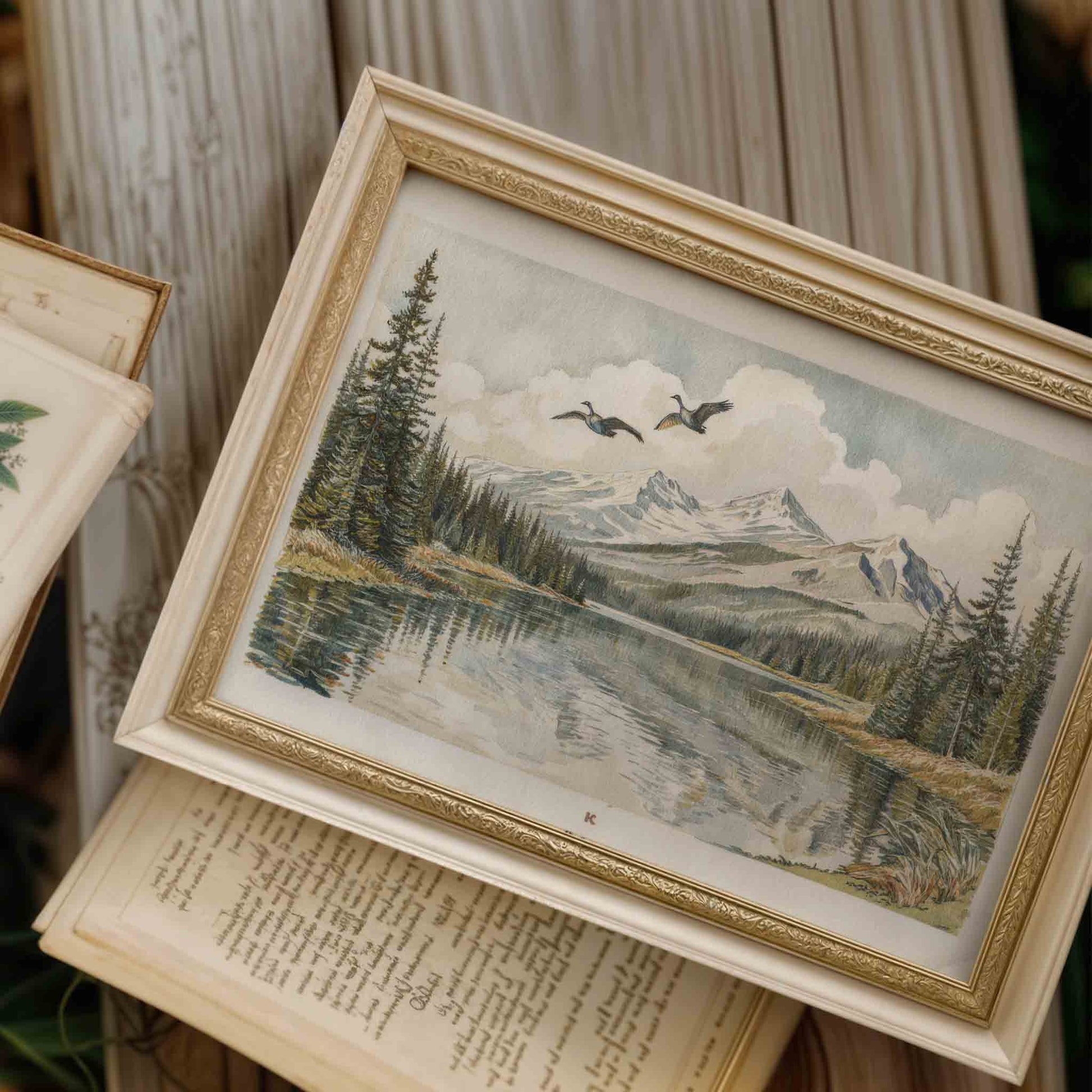 Vintage mountain landscape print styled on a book for a woodland nursery room