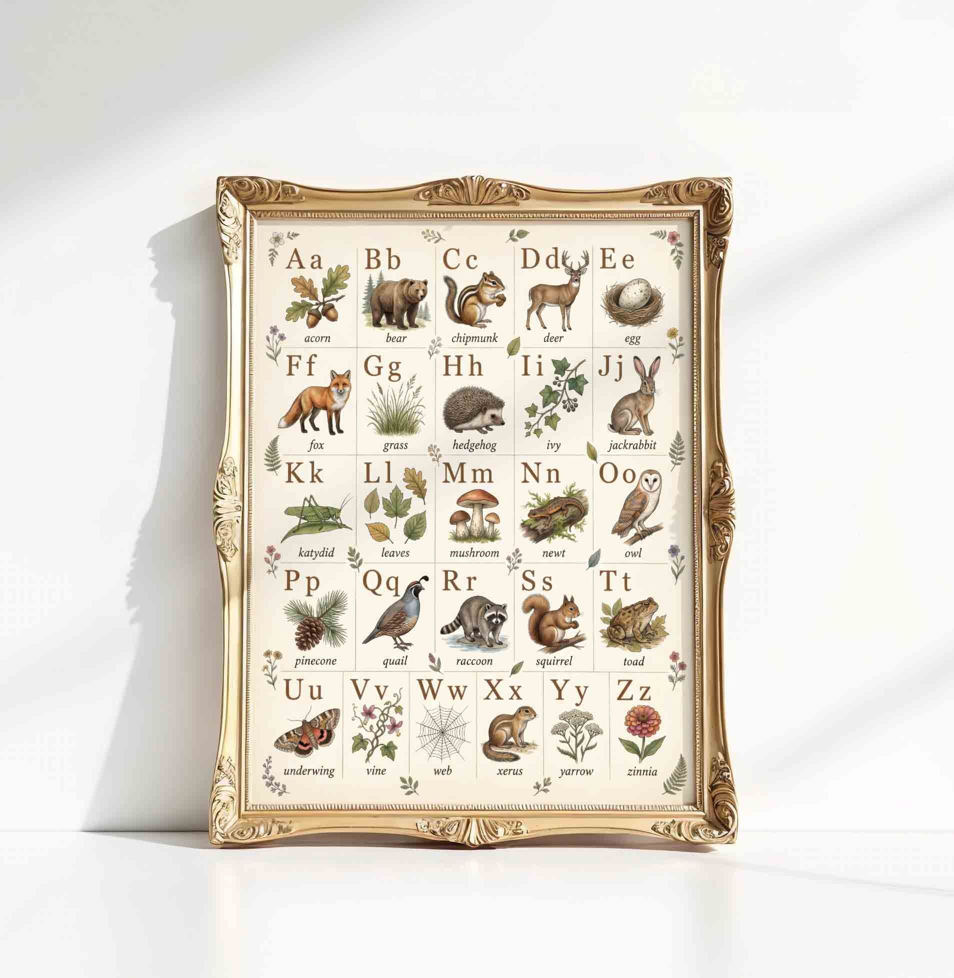 Vintage nature alphabet chart print for a woodland hunting lodge nursery room
