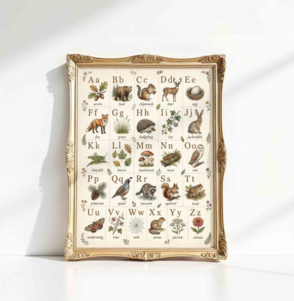 Vintage nature alphabet chart print for a woodland hunting lodge nursery room