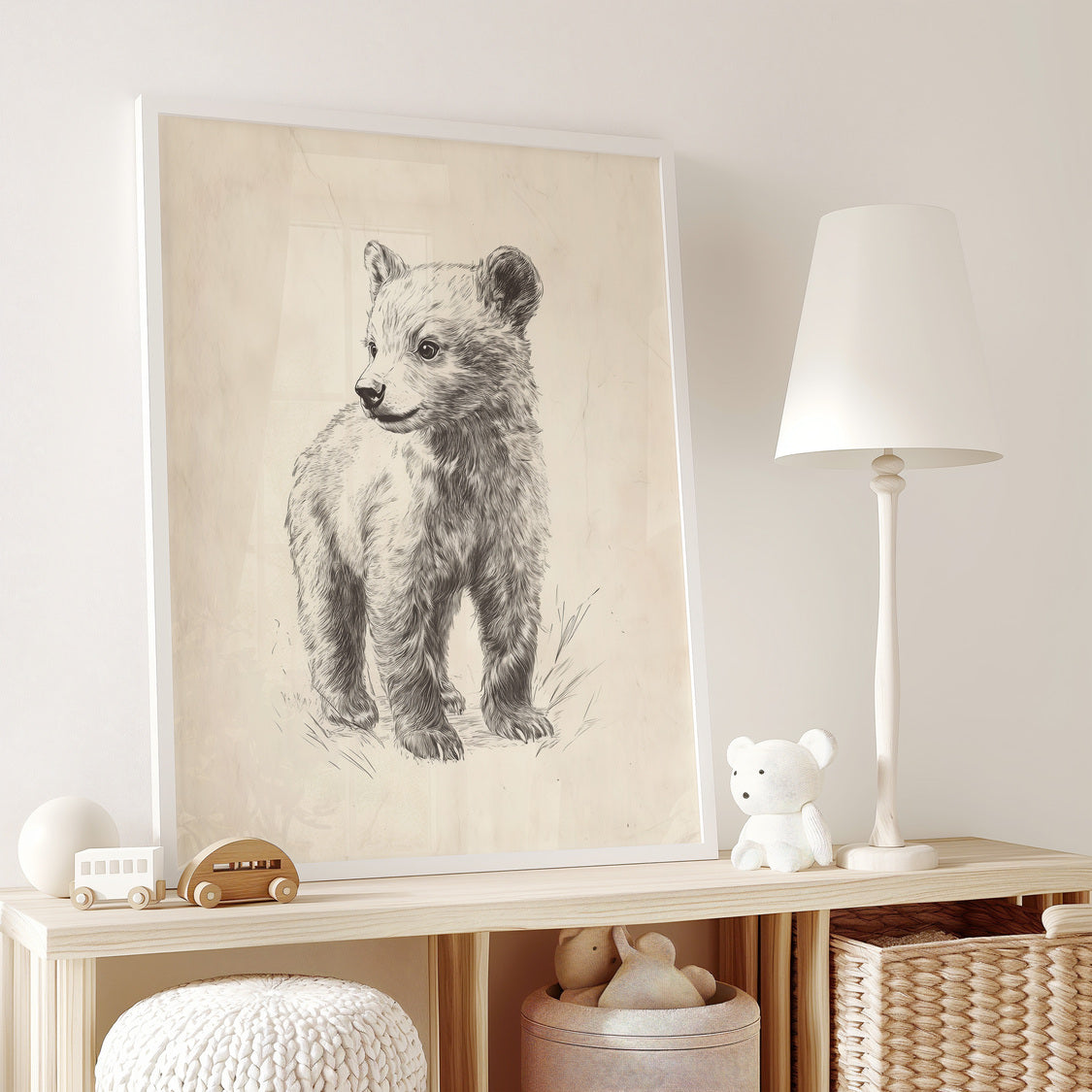 Vintage pencil sketch rabbit print for a storybook woodland nursery wall