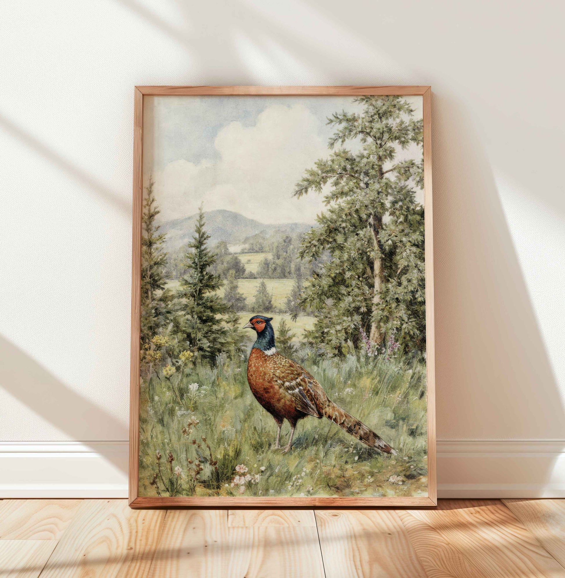 Vintage pheasant landscape print styled for a duck hunting boys nursery room