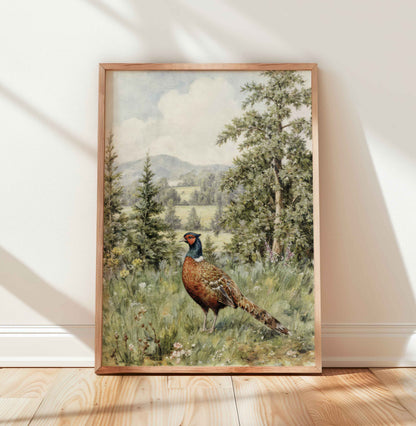 Vintage pheasant landscape print styled for a duck hunting boys nursery room