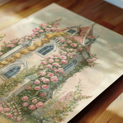 Vintage rose covered castle tower watercolor print for a fairytale princess nursery room