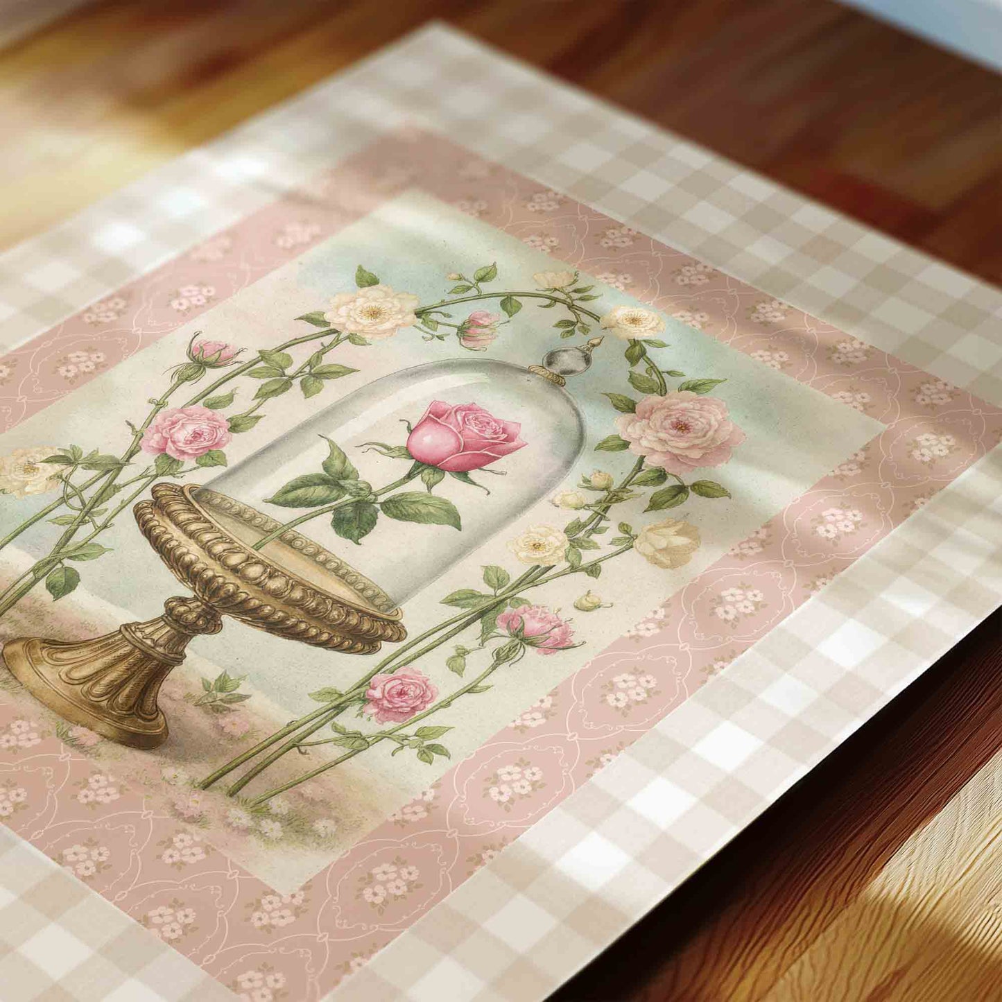 Vintage rose under glass cloche print on gingham for a fairytale nursery room