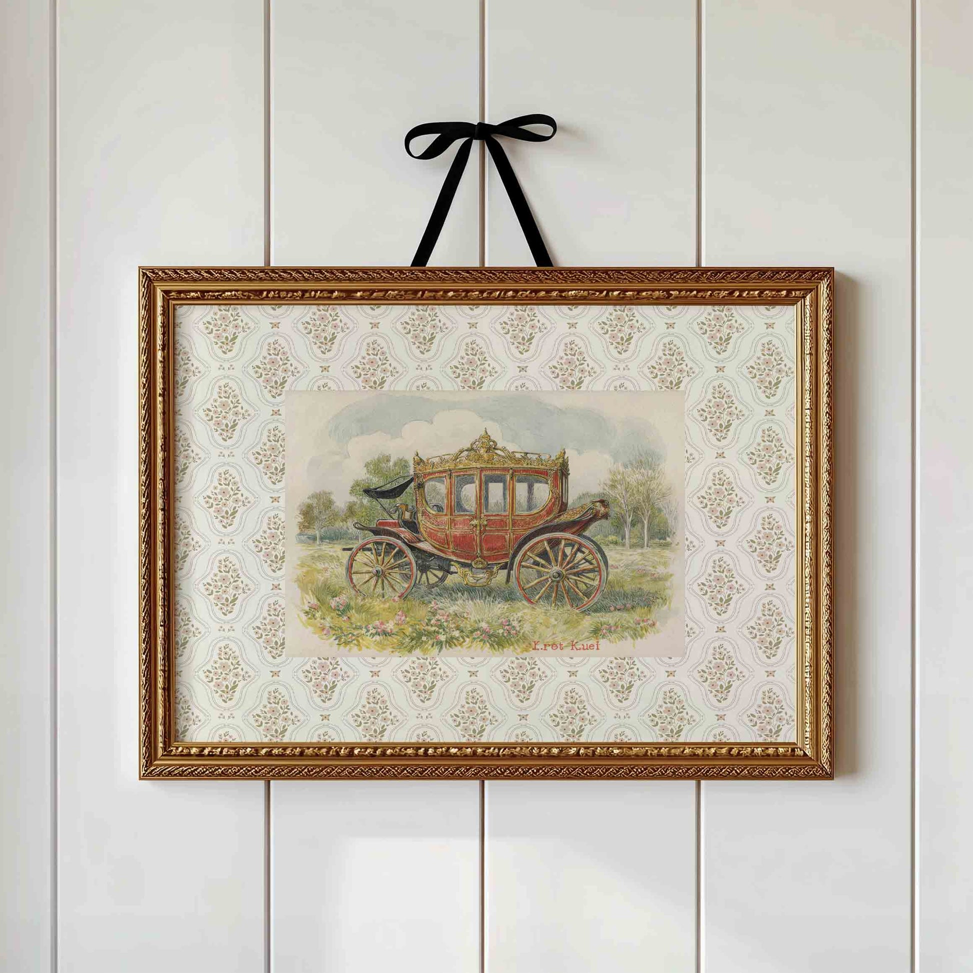Vintage royal carriage watercolor print for a fairytale princess nursery room