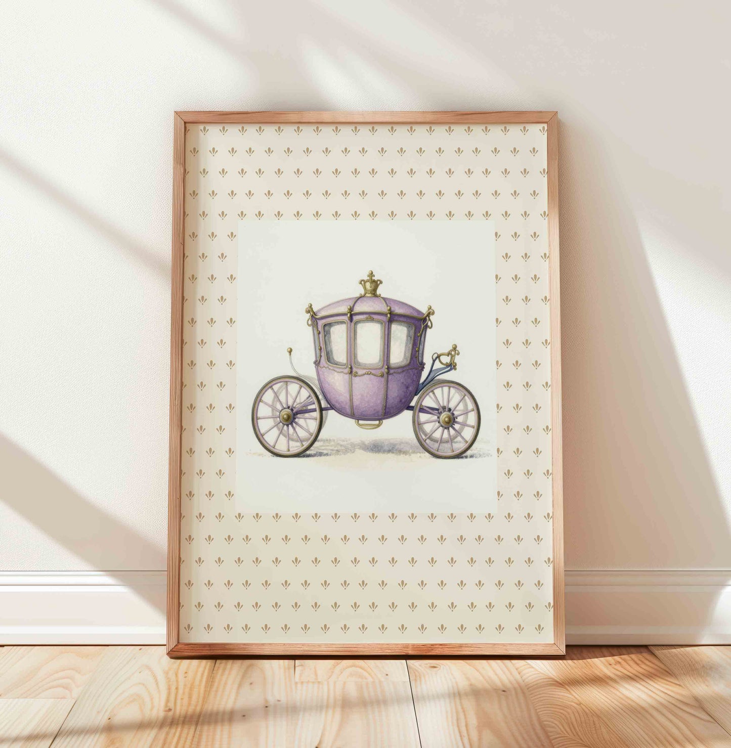 Vintage royal carriage watercolor print styled for a fairytale princess nursery room