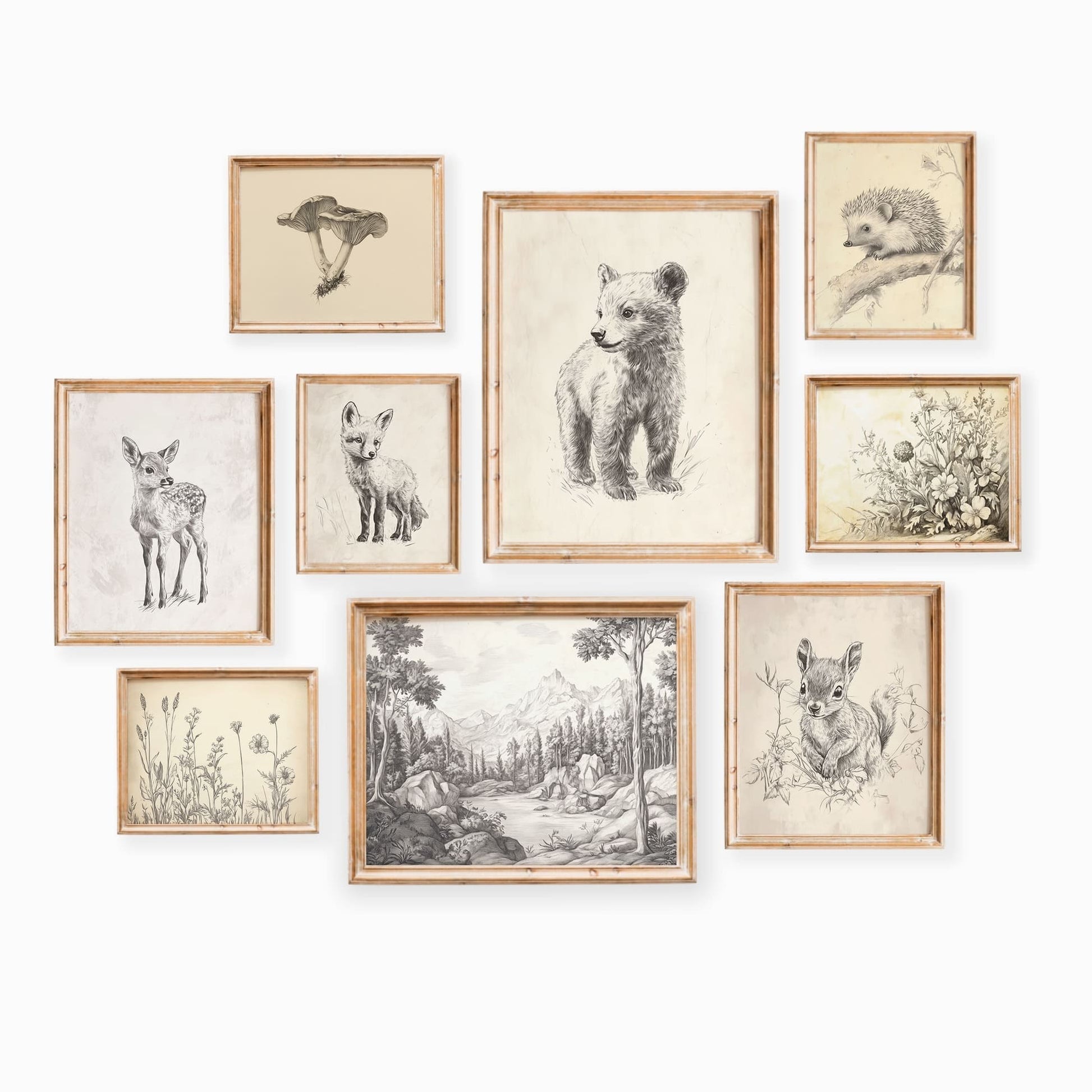 Vintage sketch woodland animal nursery print set of 9 styled in a gender neutral room