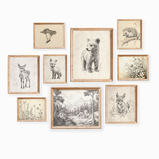 Vintage sketch woodland animal nursery print set of 9 styled in a gender neutral room