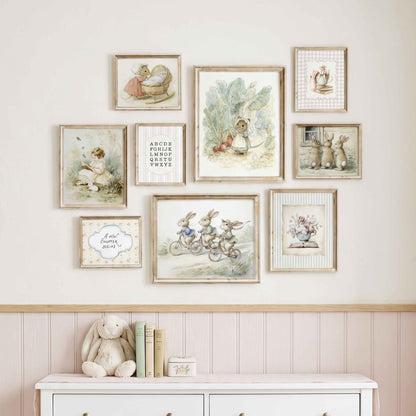9 piece vintage storybook bunny and mouse nursery wall art set collage with rabbits and garden mice