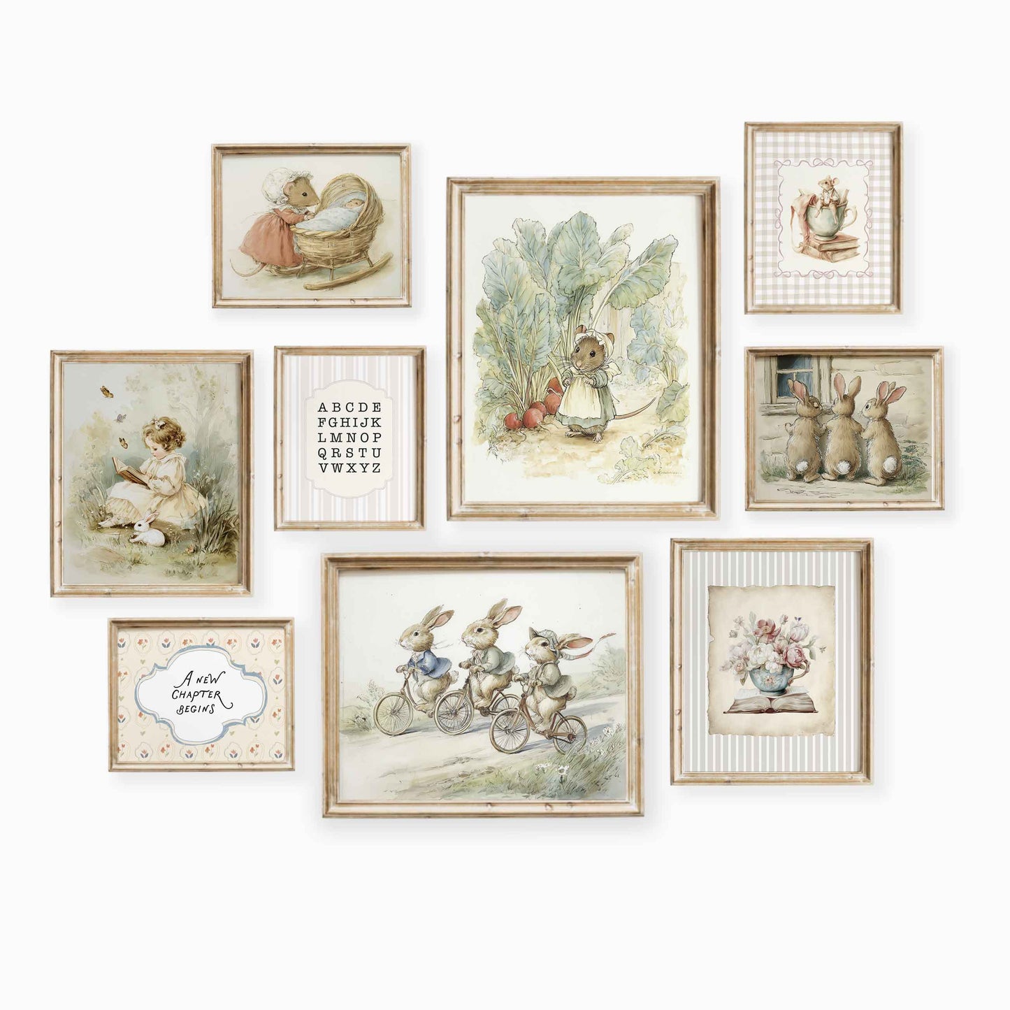 Vintage storybook bunny and mouse nursery gallery wall set of 9 styled in a gender neutral room