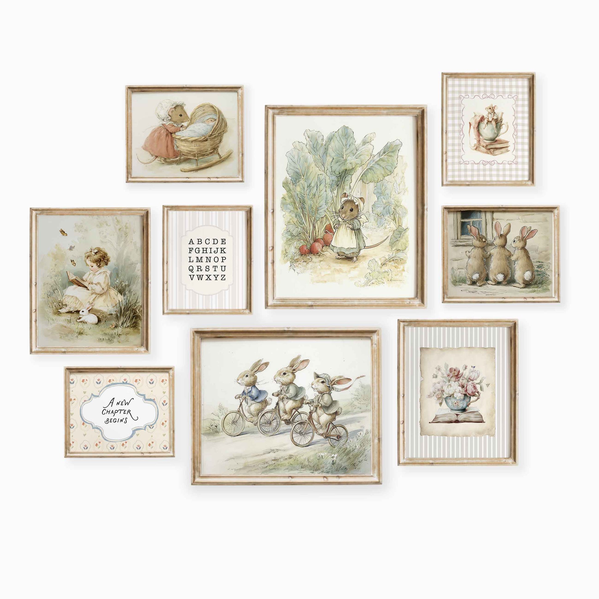 Vintage storybook bunny and mouse nursery gallery wall set of 9 styled in a gender neutral room