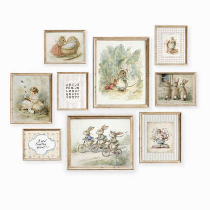 Vintage storybook bunny and mouse nursery gallery wall set of 9 styled in a gender neutral room