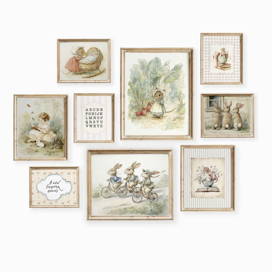 Vintage storybook bunny and mouse nursery gallery wall set of 9 styled in a gender neutral room