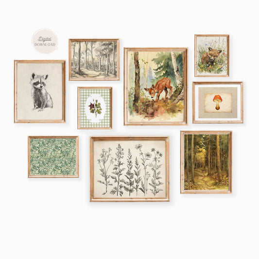 Vintage storybook woodland nursery gallery wall set of 9 in a gender neutral room