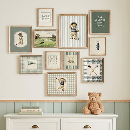 11 piece vintage teddy bear golf nursery wall art set featuring preppy bears, golf carts and sage green plaid