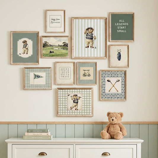 Vintage teddy bear golf nursery gallery wall set of 11 styled in a boys room