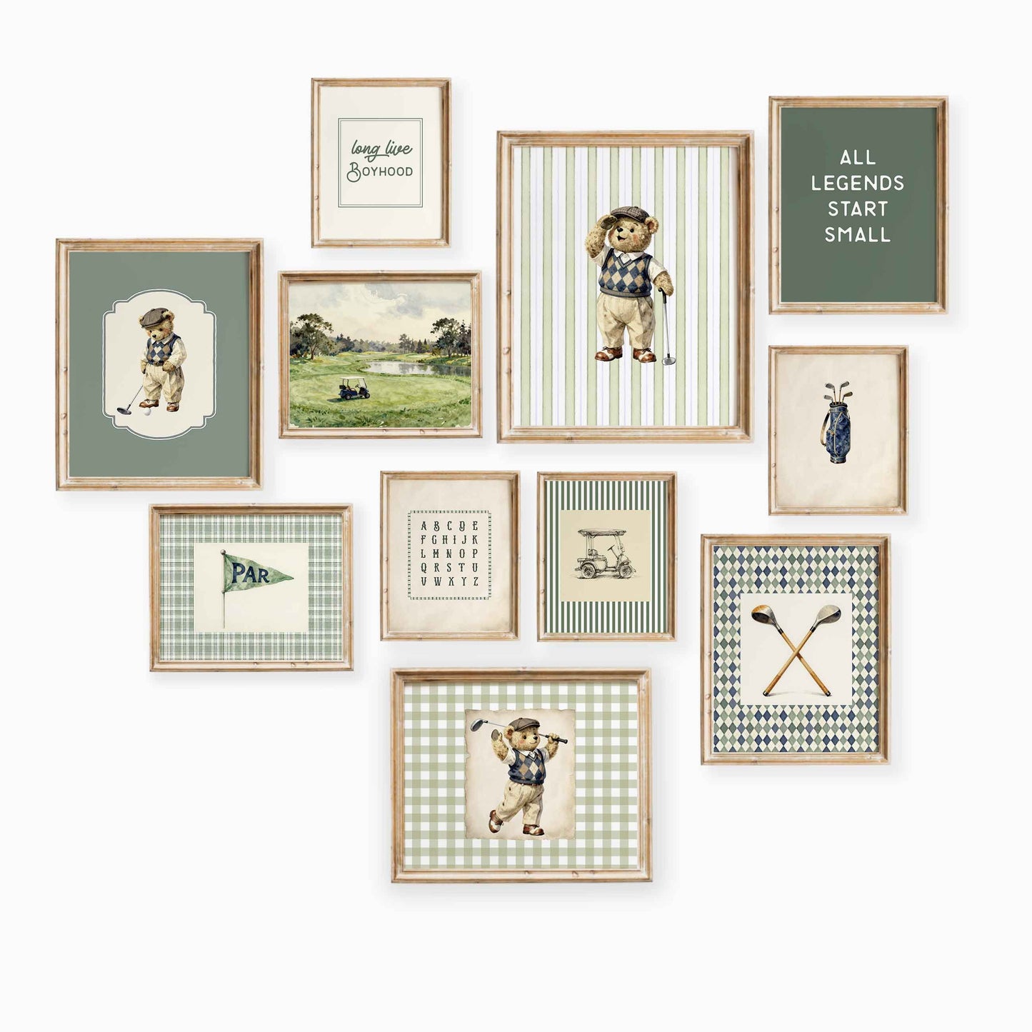 Vintage teddy bear golf nursery gallery wall set of 11 styled in a boys room