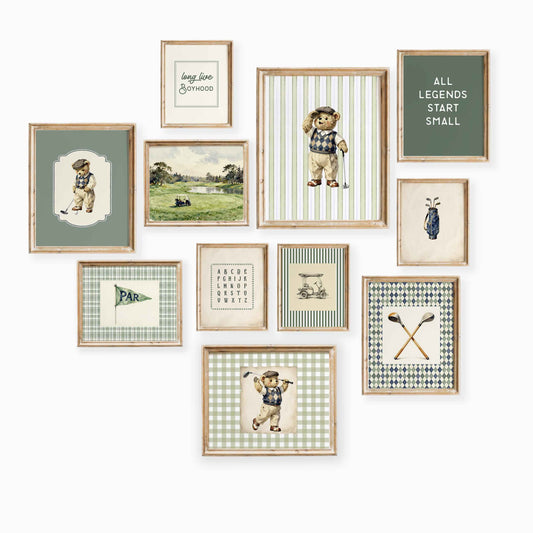11 piece vintage teddy bear golf nursery wall art set featuring preppy bears, golf carts and sage green plaid