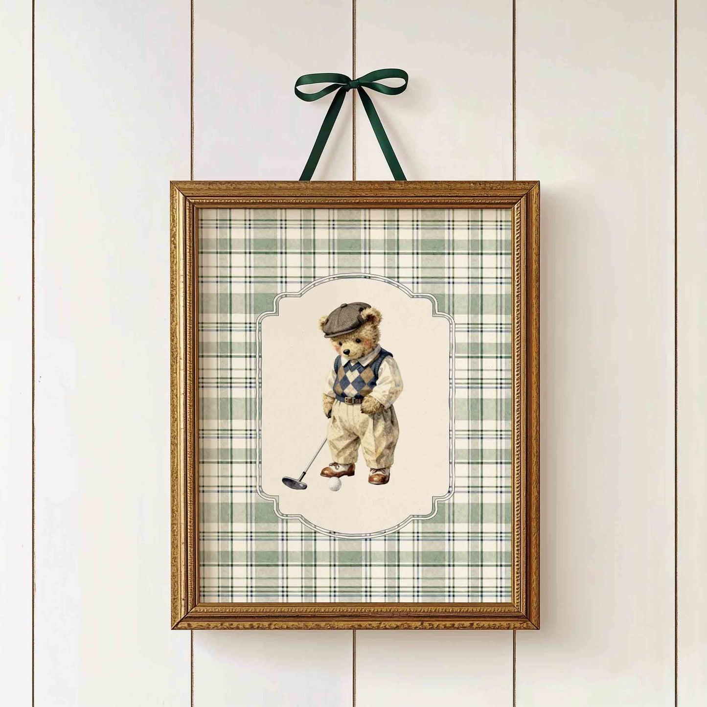 Vintage teddy bear golf nursery set of 3 close up detail in sage green and cream plaid