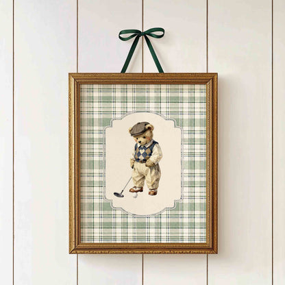 Vintage teddy bear golf nursery set of 3 close up detail in sage green and cream plaid