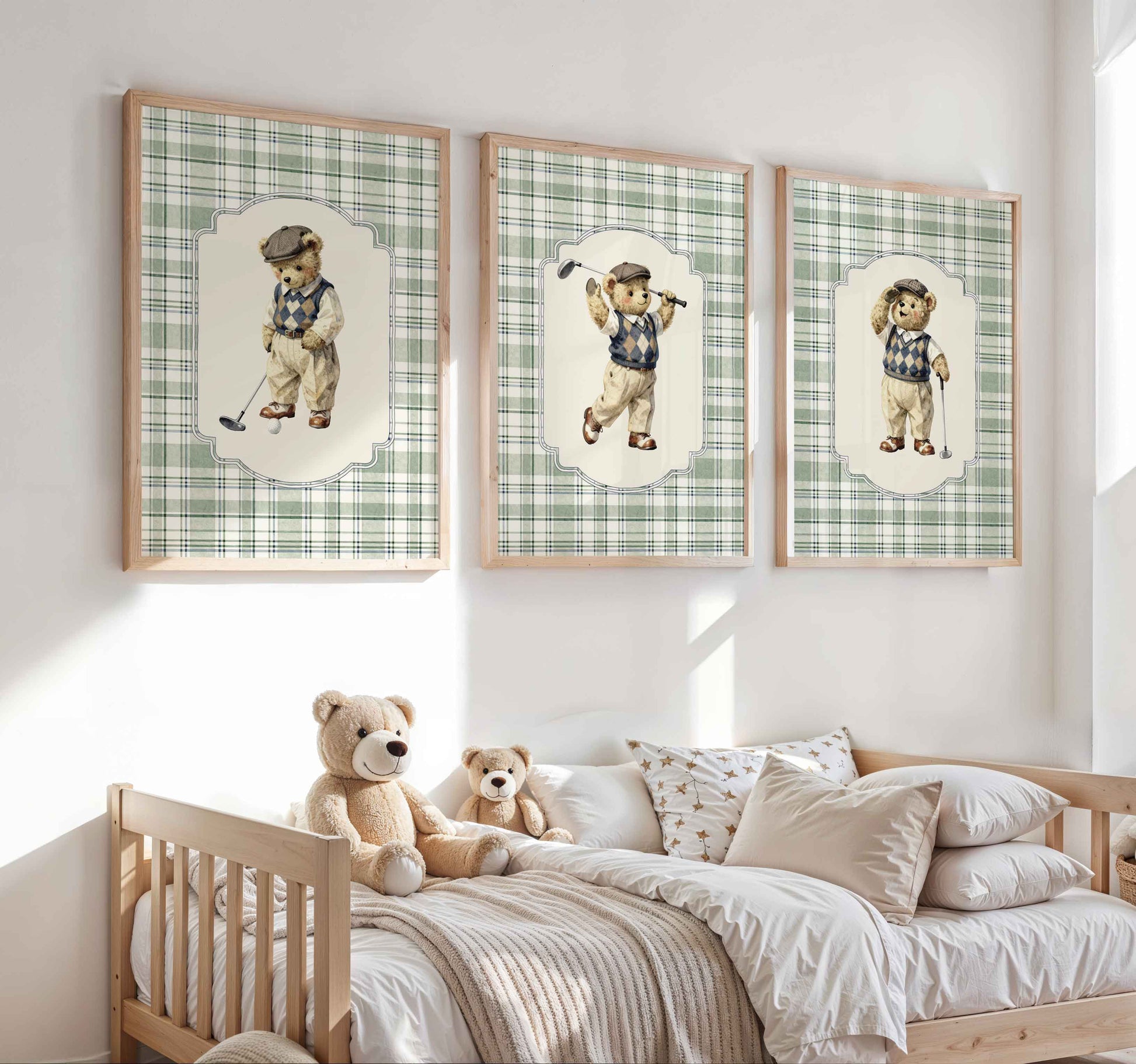 Vintage teddy bear golf nursery wall art set of 3 styled above a crib in a boys room
