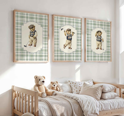 Vintage teddy bear golf nursery wall art set of 3 styled above a crib in a boys room