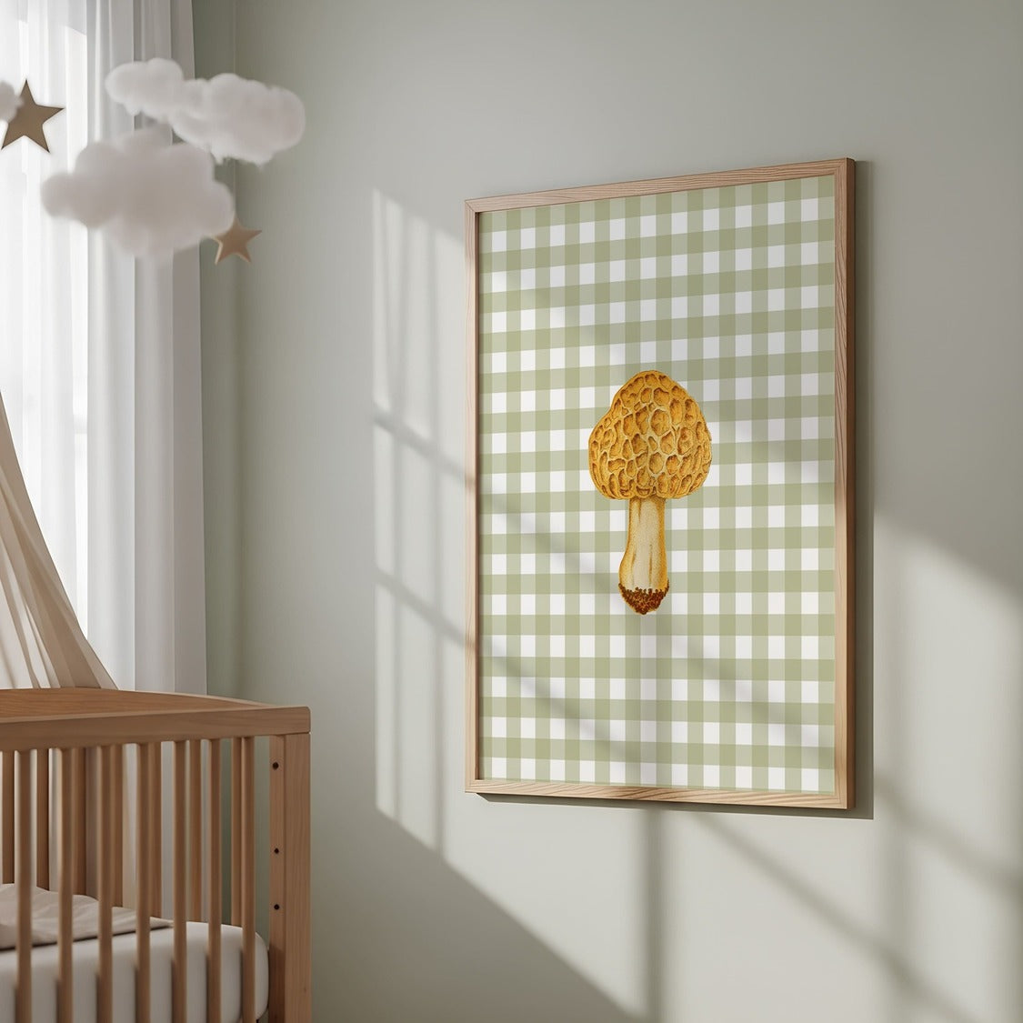 Vintage toadstool illustration print in warm rust tones for a woodland nursery