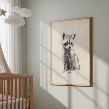 Vintage woodland landscape print in muted tones for a botanical nursery room