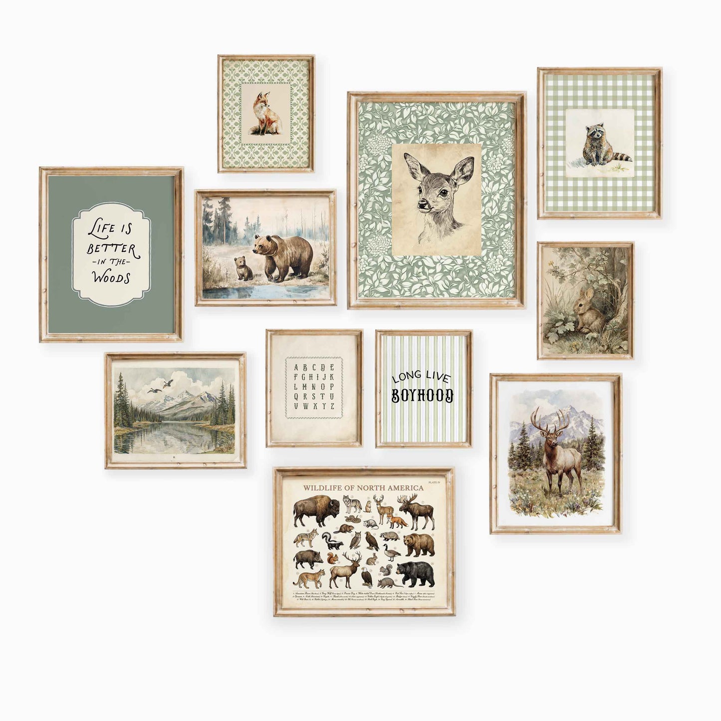 Vintage woodland nursery gallery wall set styled in a boys room