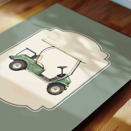 Vintage green golf cart print on sage background for a country club nursery room