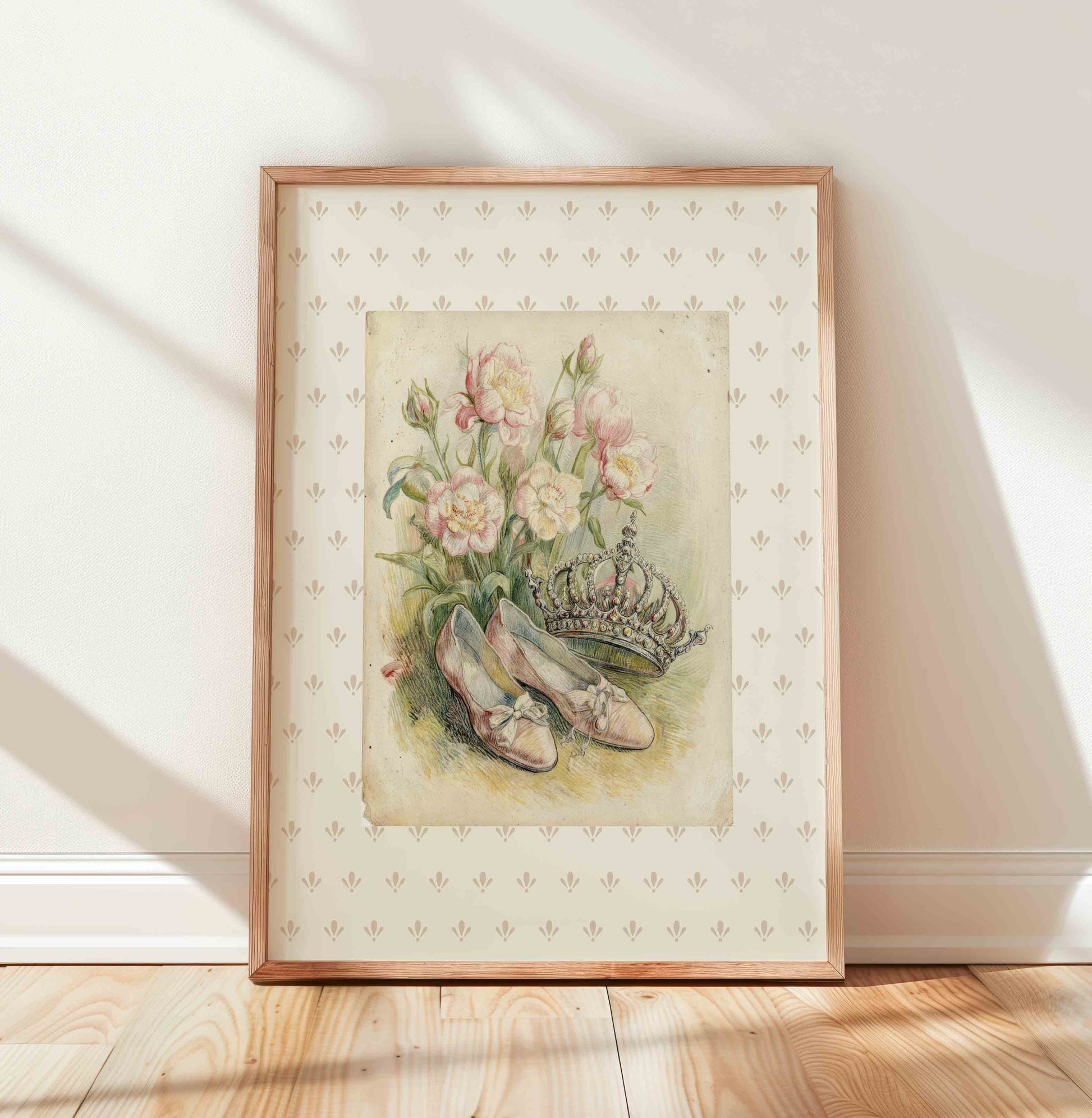 Watercolor ballet slippers and flowers print styled for a princess nursery room