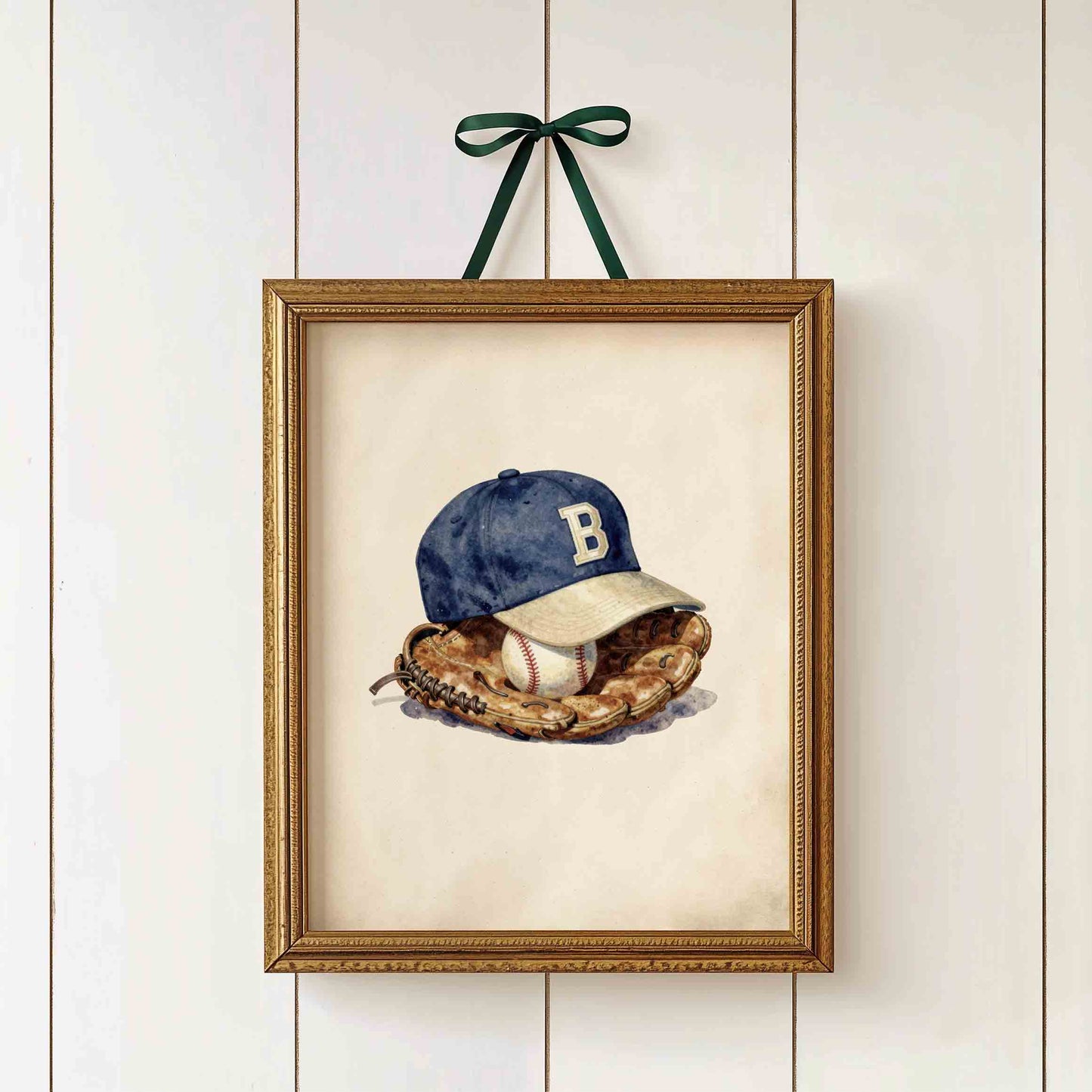 Watercolor baseball cap and glove print styled for a vintage boys nursery room