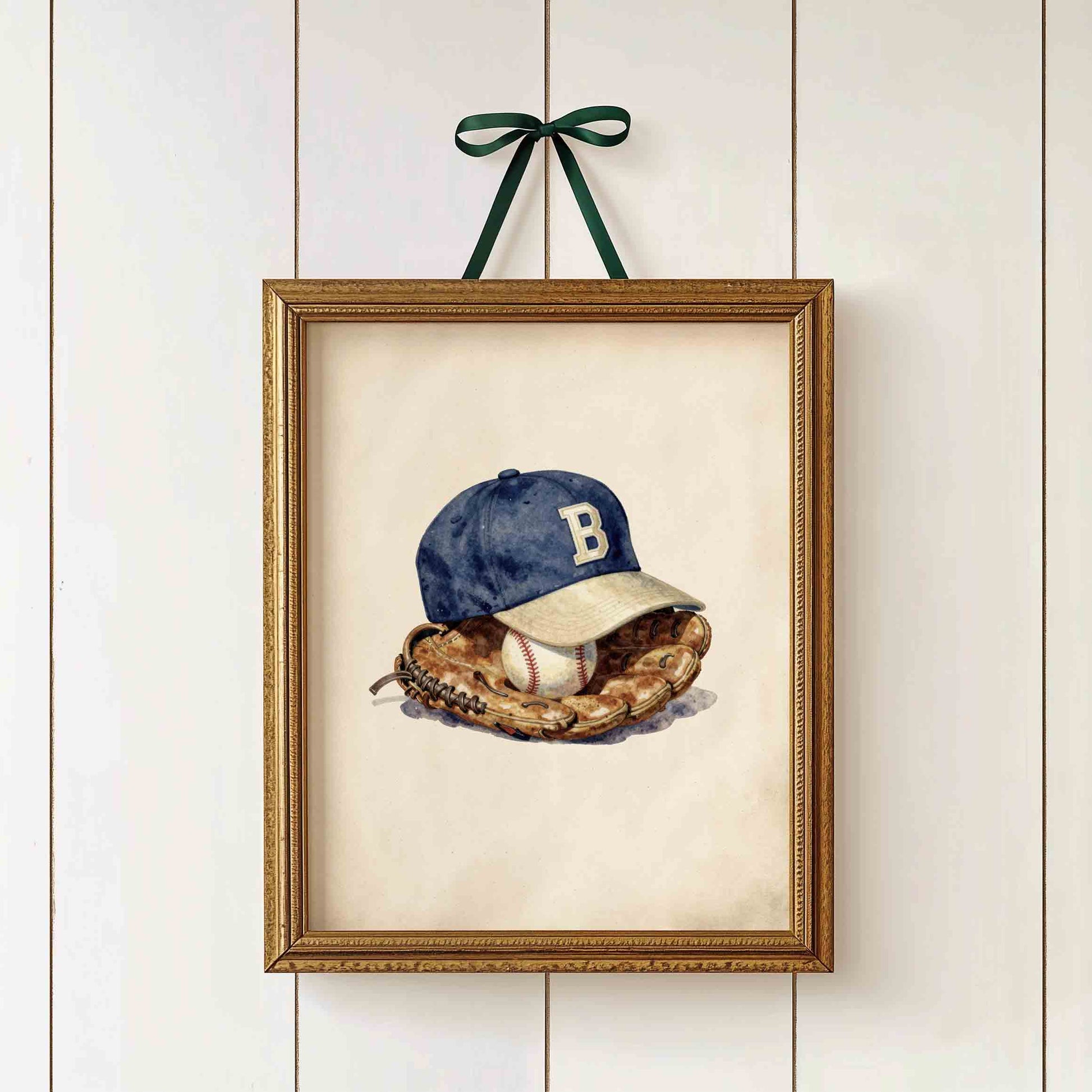 Watercolor baseball cap and glove print styled for a vintage boys nursery room
