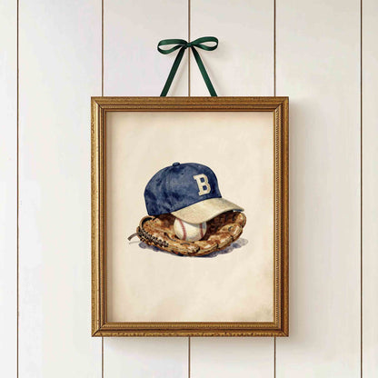 Watercolor baseball cap and glove print styled for a vintage boys nursery room